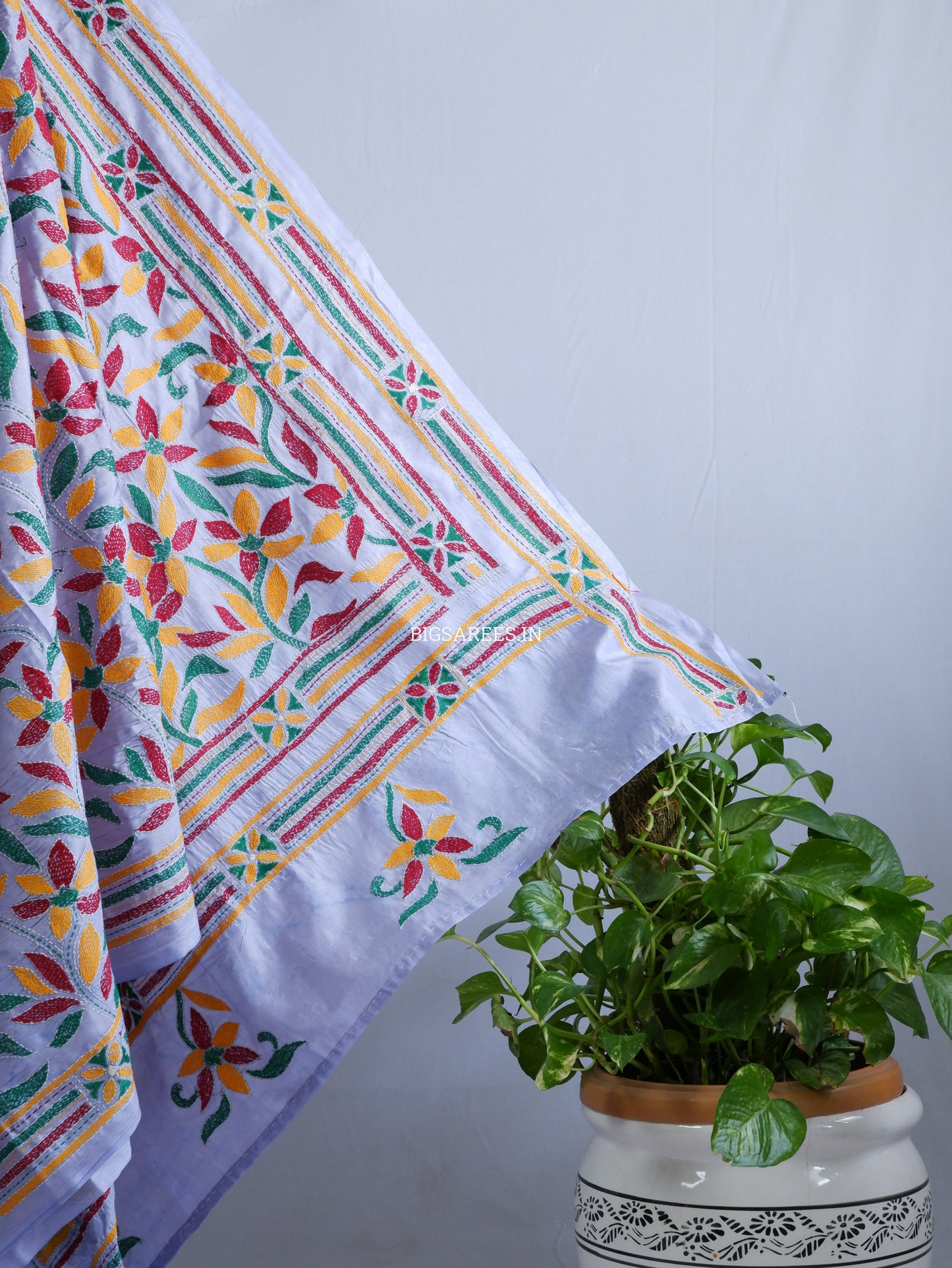 Kantha Stitch Hand Embroidered Batik Saree | Blended Bangalore Silk / Art Silk