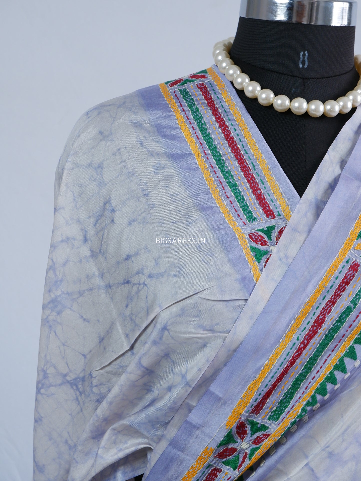Kantha Stitch Hand Embroidered Batik Saree | Blended Bangalore Silk / Art Silk