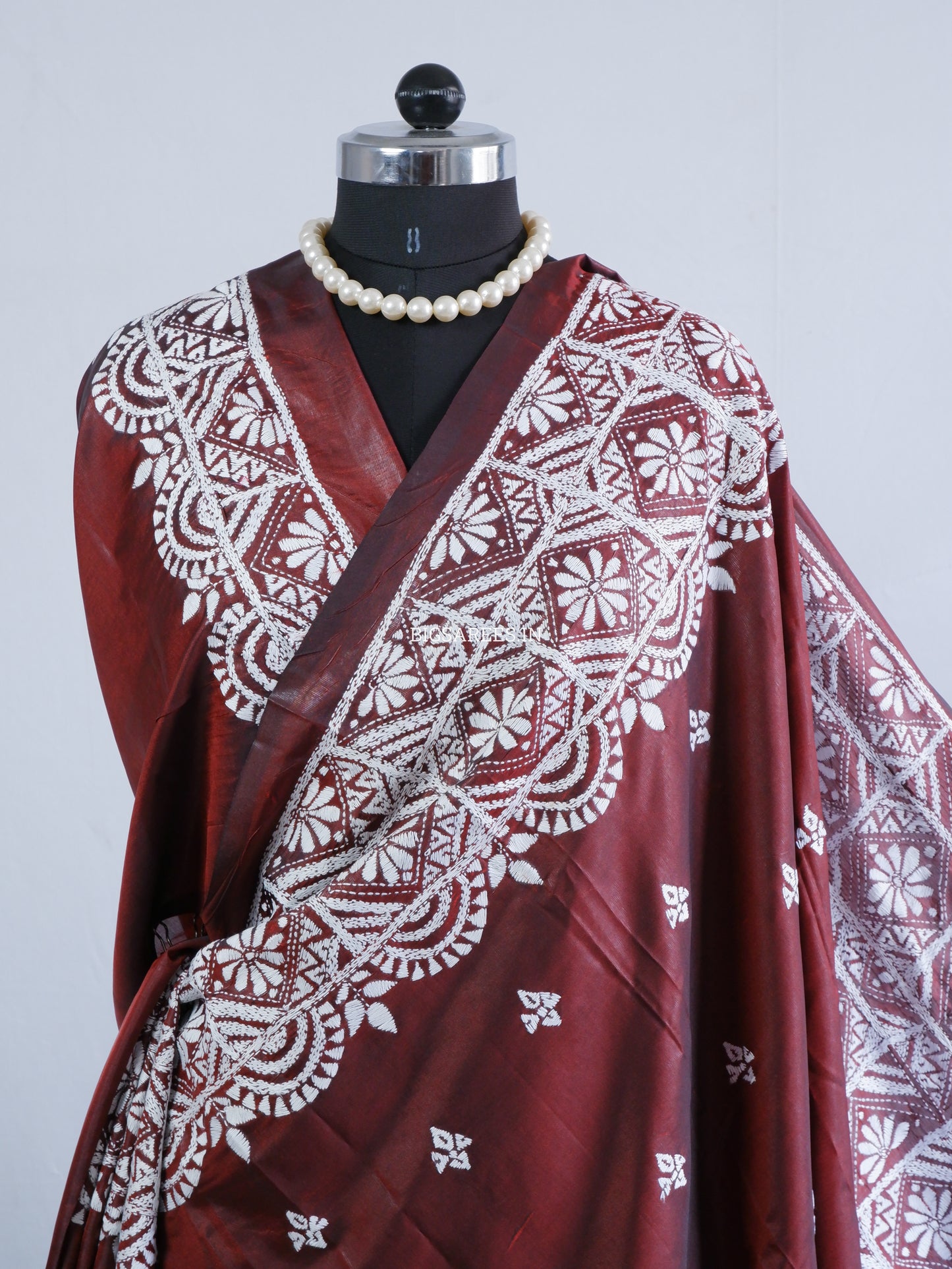 Kantha - Stitch Hand Embroidered Saree | Blended Bangalore Silk / Art Silk | Maroon
