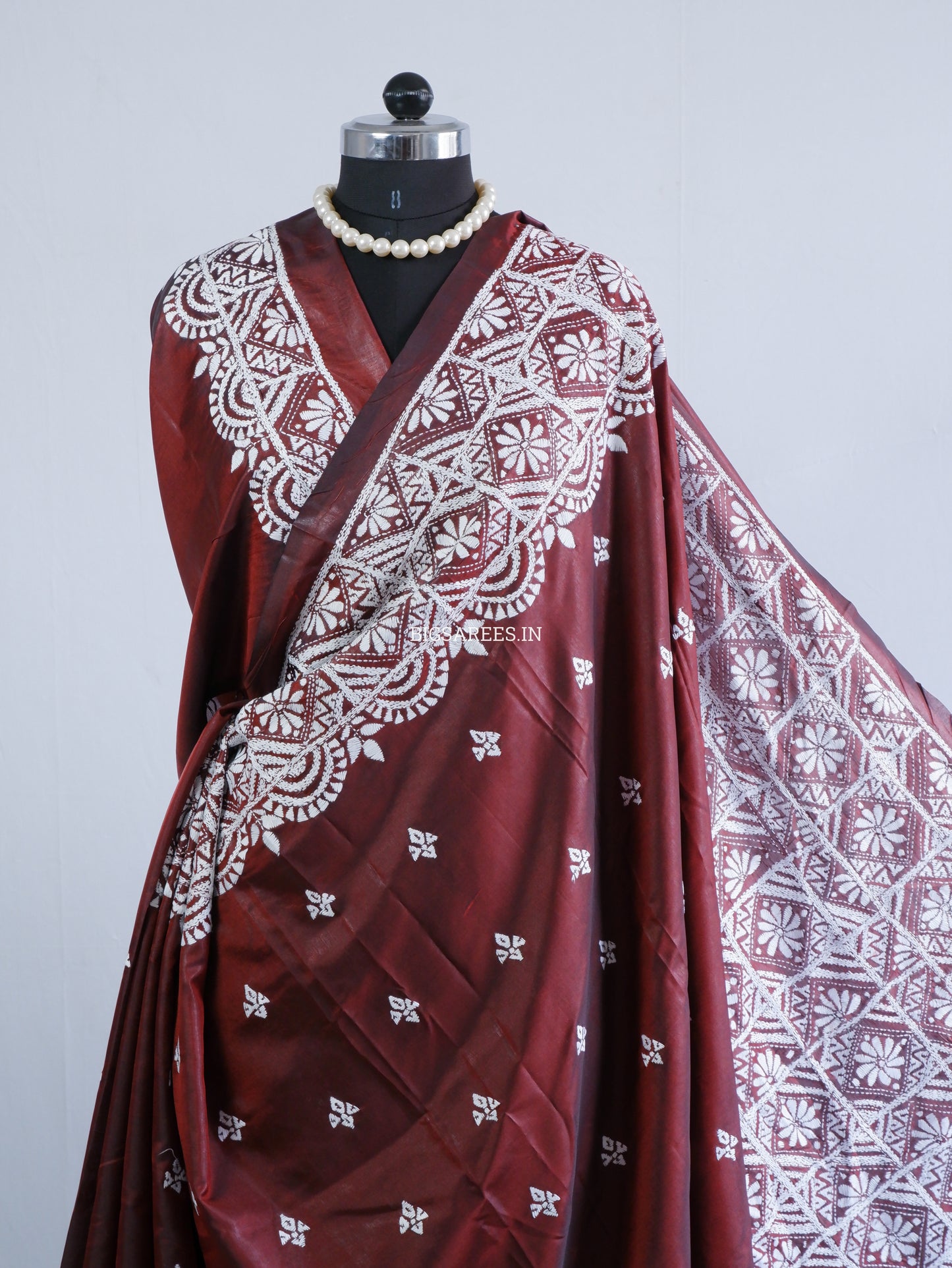 Kantha - Stitch Hand Embroidered Saree | Blended Bangalore Silk / Art Silk | Maroon