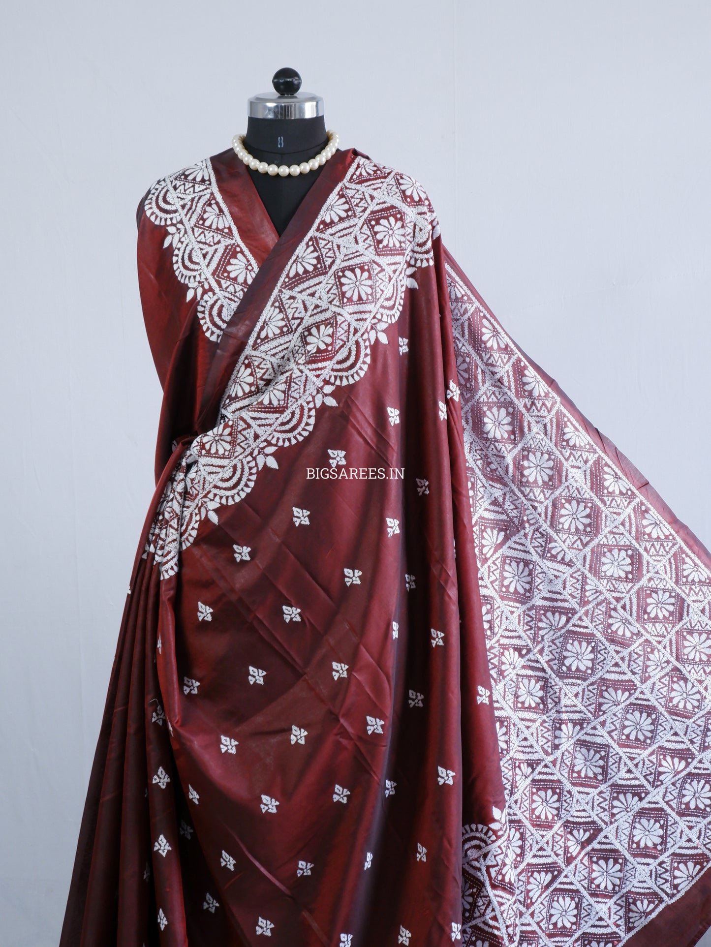 Kantha - Stitch Hand Embroidered Saree | Blended Bangalore Silk / Art Silk | Maroon
