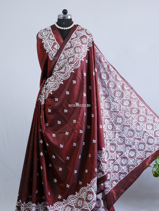 Kantha - Stitch Hand Embroidered Saree | Blended Bangalore Silk / Art Silk | Maroon