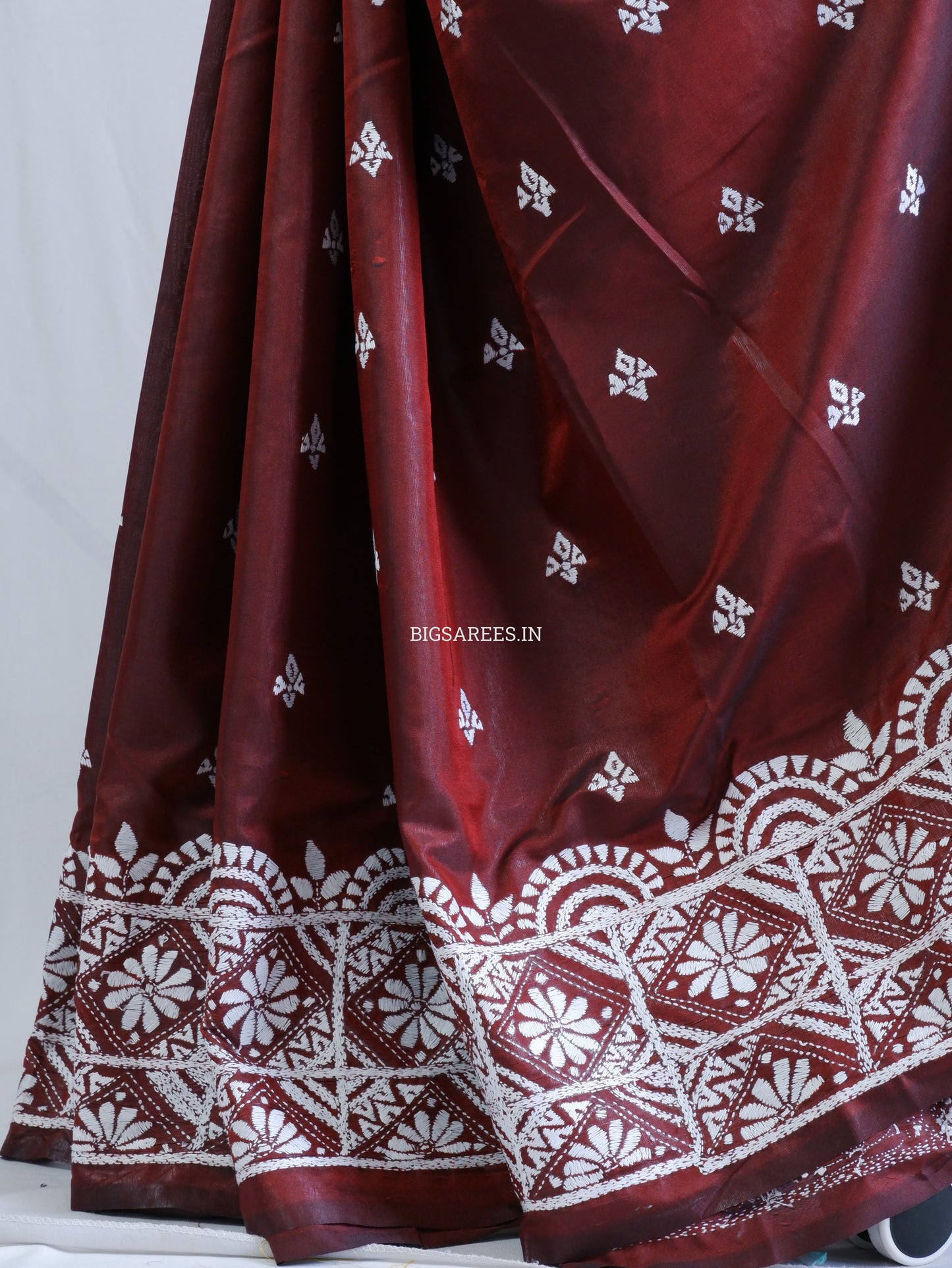 Kantha - Stitch Hand Embroidered Saree | Blended Bangalore Silk / Art Silk | Maroon