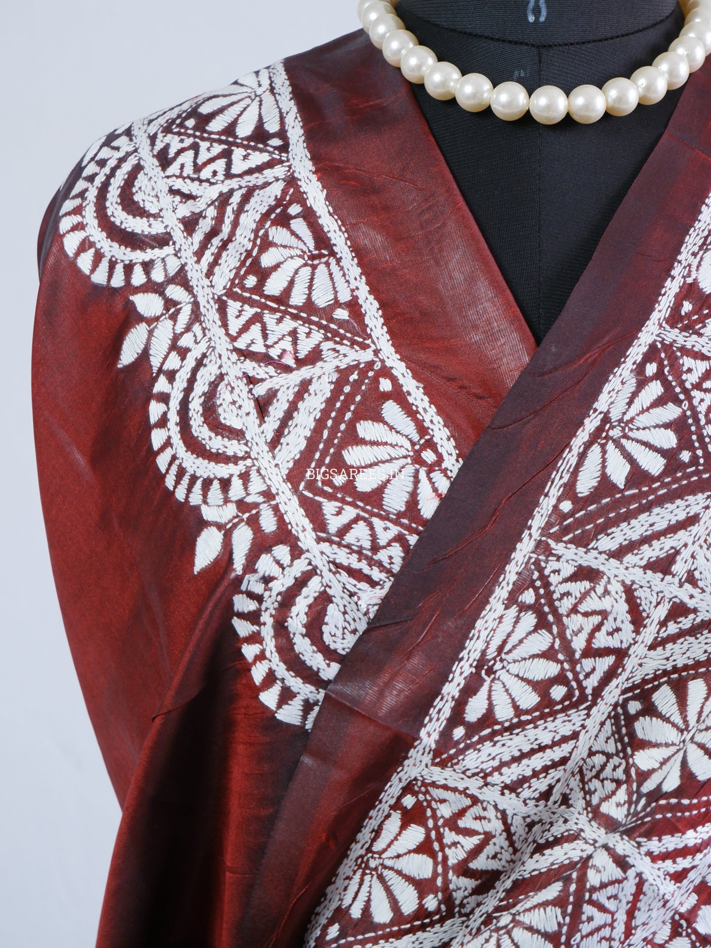Kantha - Stitch Hand Embroidered Saree | Blended Bangalore Silk / Art Silk | Maroon