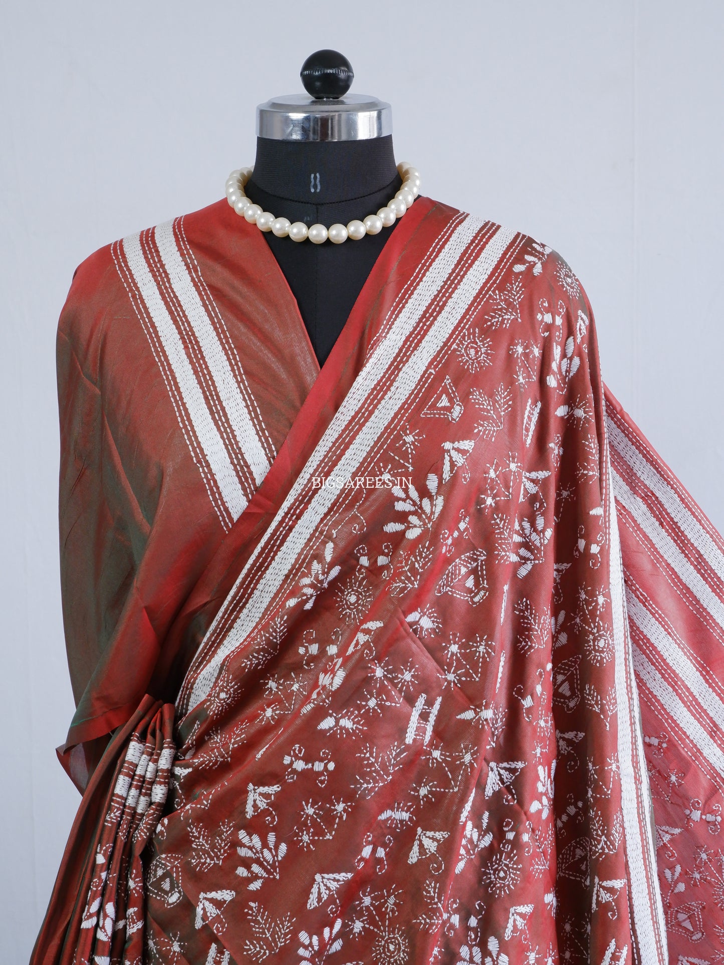 Kantha Stitch Hand Embroidered Saree | Blended Bangalore Silk / Art Silk | Brown