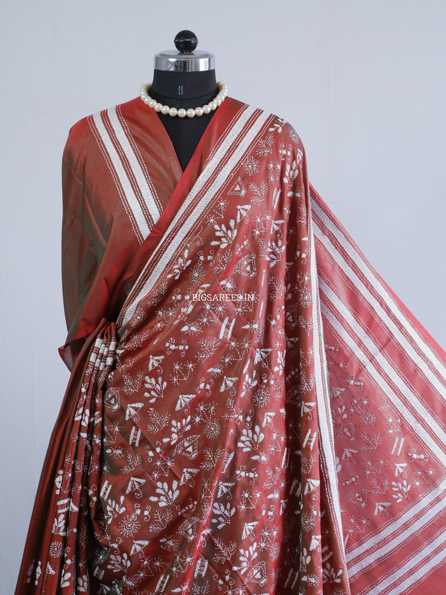 Kantha Stitch Hand Embroidered Saree | Blended Bangalore Silk / Art Silk | Brown