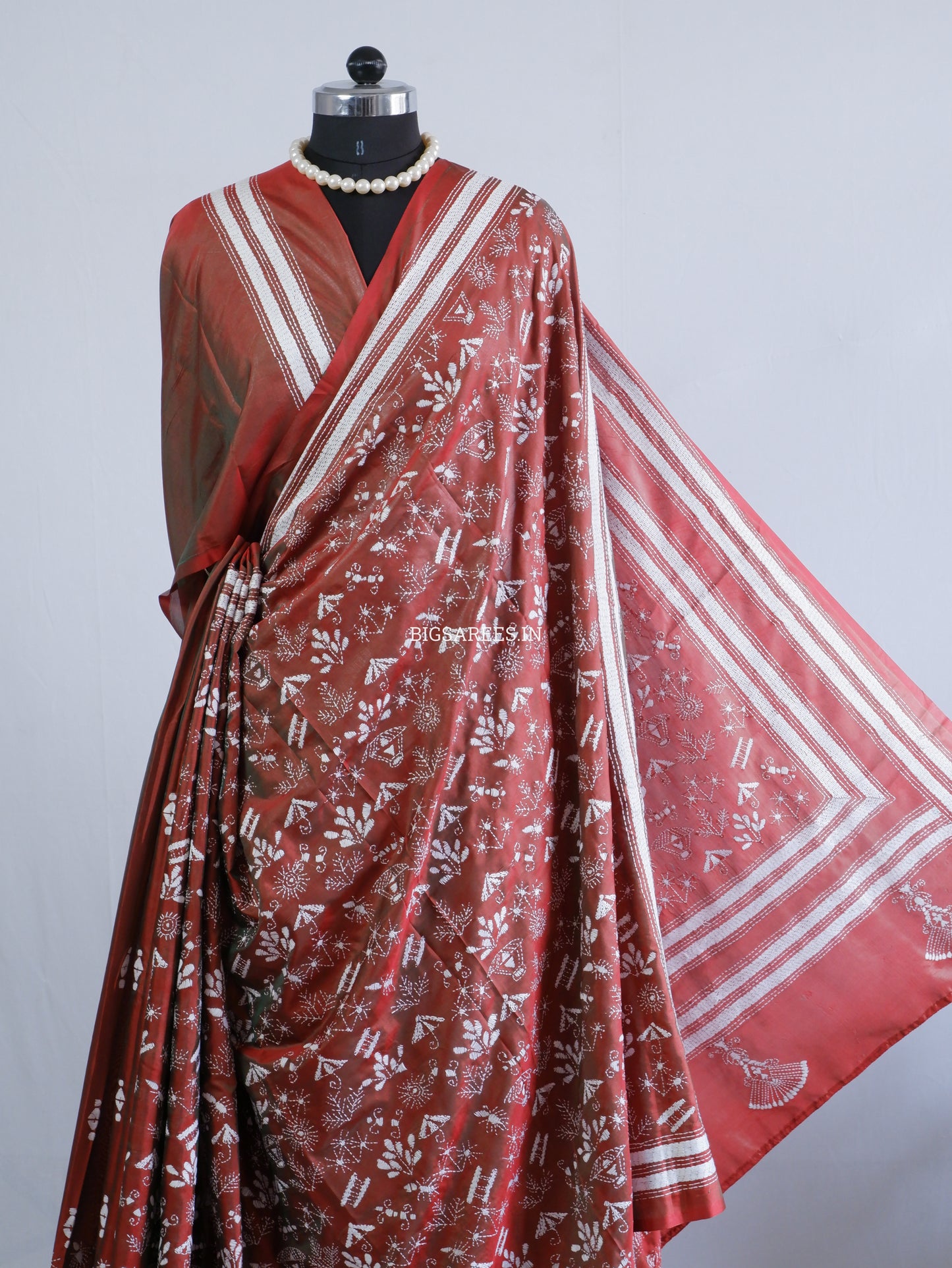 Kantha Stitch Hand Embroidered Saree | Blended Bangalore Silk / Art Silk | Brown