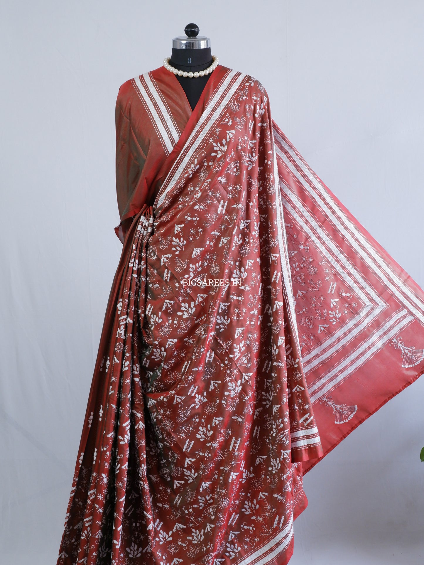 Kantha Stitch Hand Embroidered Saree | Blended Bangalore Silk / Art Silk | Brown