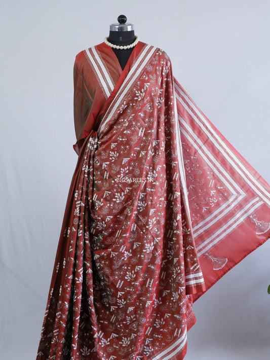 Kantha Stitch Hand Embroidered Saree | Blended Bangalore Silk / Art Silk | Brown