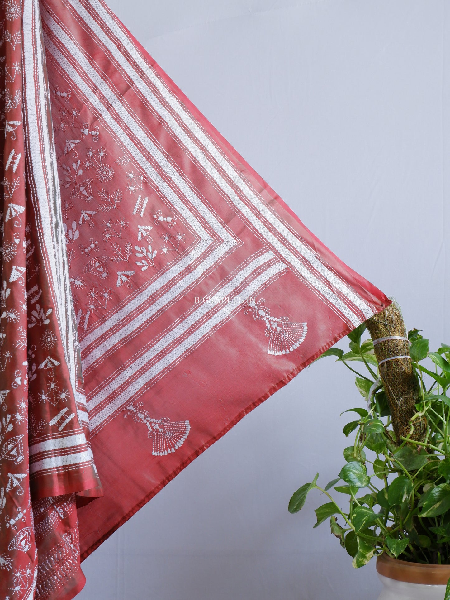 Kantha Stitch Hand Embroidered Saree | Blended Bangalore Silk / Art Silk | Brown