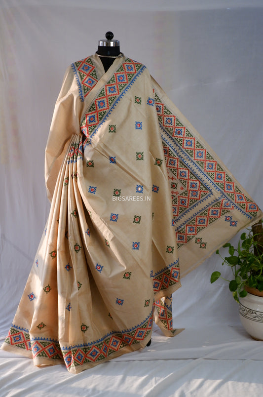Kutchi Hand Embroidered Saree | Pure Gachi by Gachi Tassar Silk | Silk Marked | Off-White