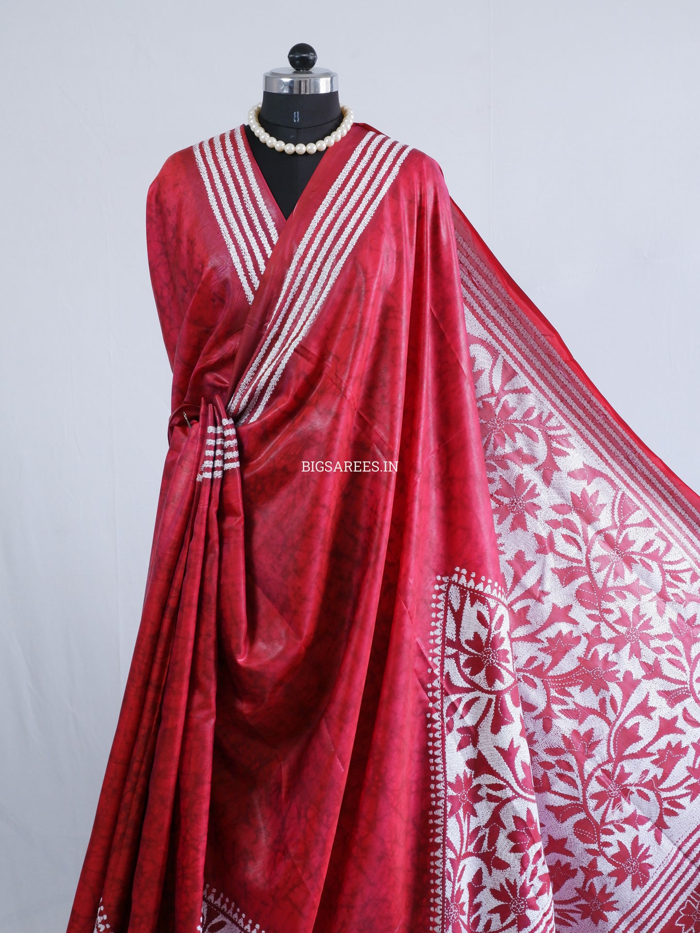 Reverse Kantha Stitch Hand Embroidered Batik Saree | Blended Bangalore Silk / Art Silk | Red