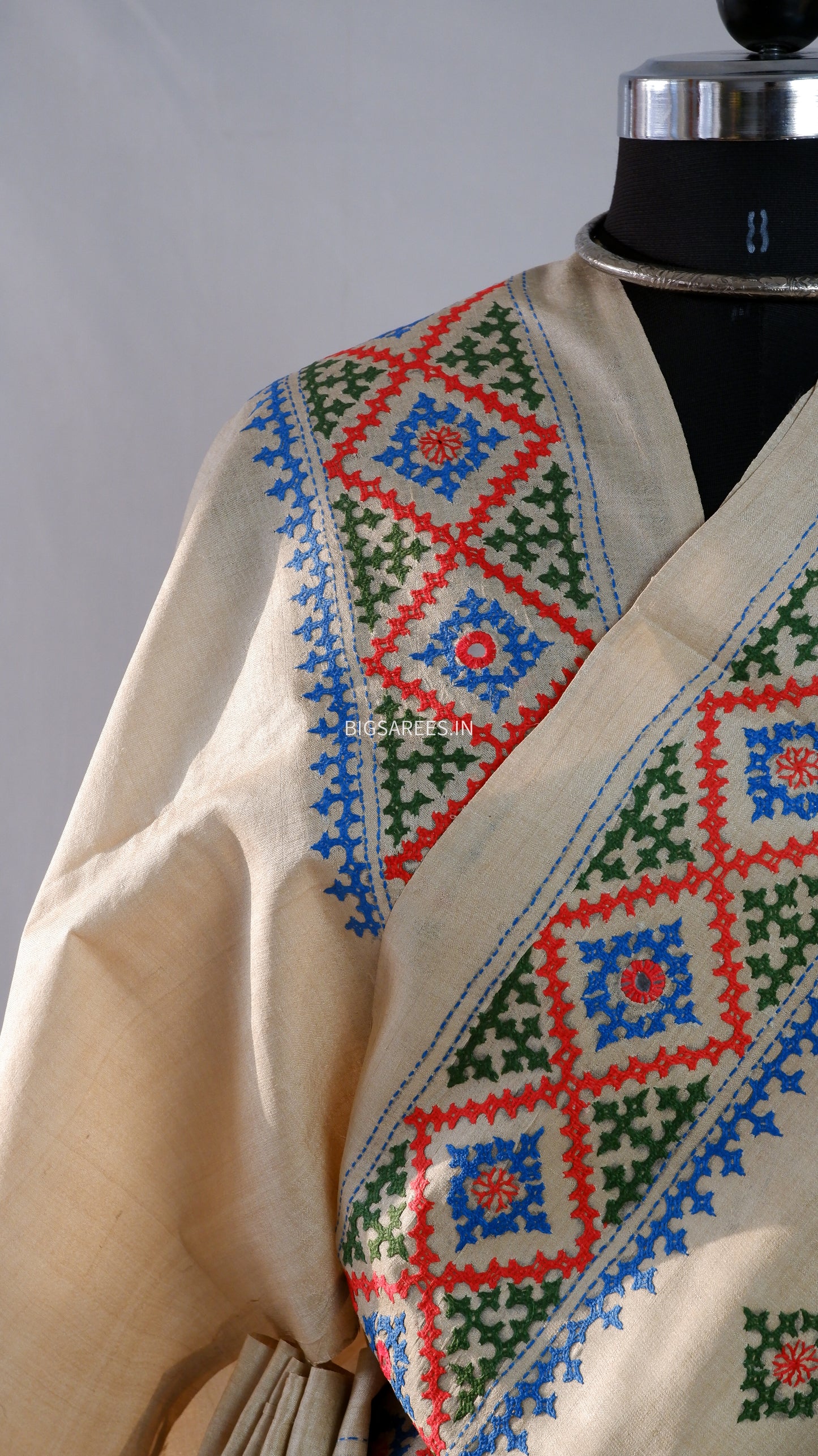 Kutchi Hand Embroidered Saree | Pure Gachi by Gachi Tassar Silk | Silk Marked | Off-White