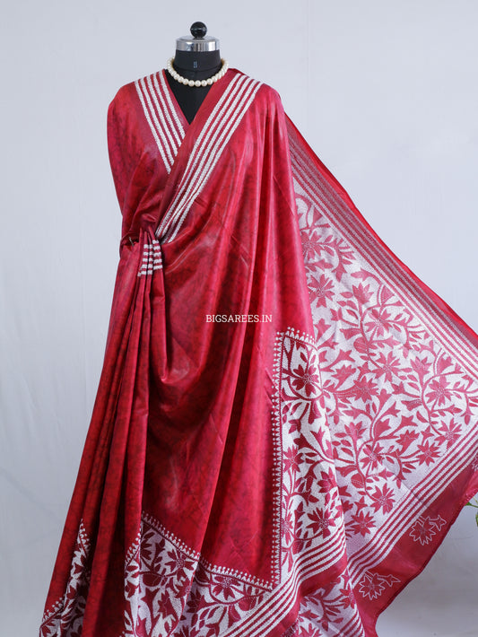 Reverse Kantha Stitch Hand Embroidered Batik Saree | Blended Bangalore Silk / Art Silk | Red
