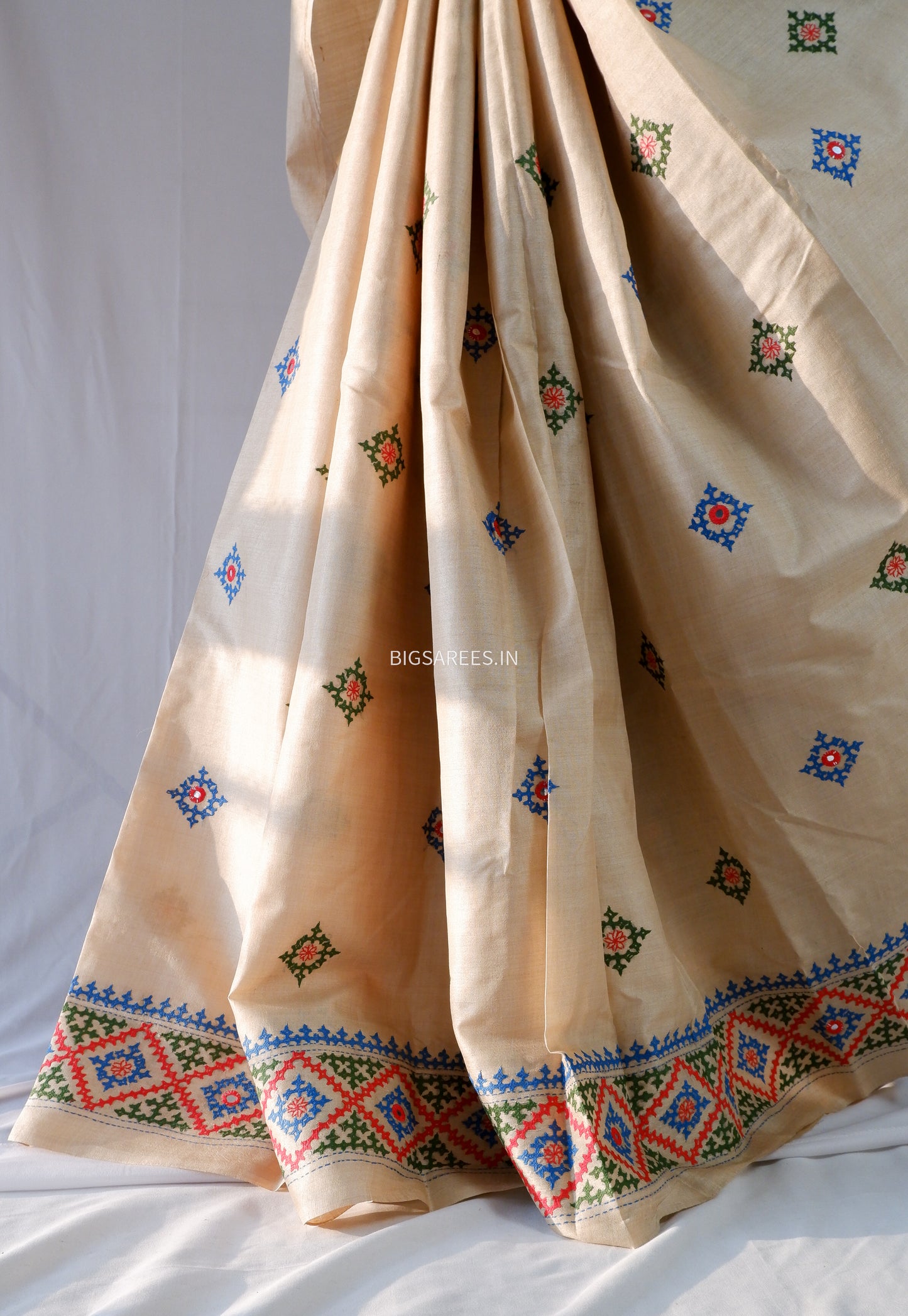 Kutchi Hand Embroidered Saree | Pure Gachi by Gachi Tassar Silk | Silk Marked | Off-White
