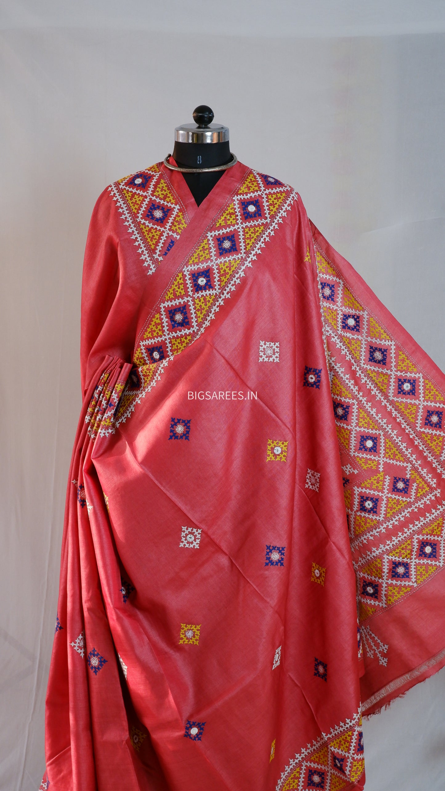 Kutchi Hand Embroidered Saree | Pure Tassar Silk | Silk Marked | Pinkish/Red