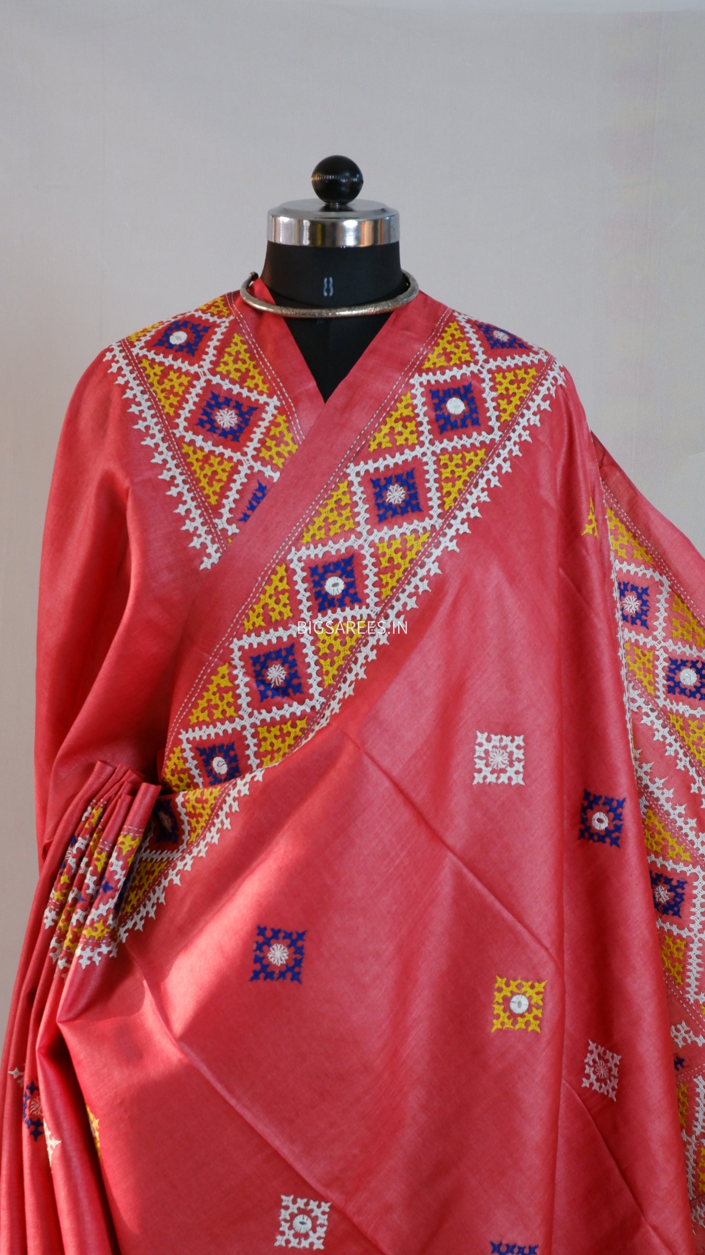 Kutchi Hand Embroidered Saree | Pure Tassar Silk | Silk Marked | Pinkish/Red