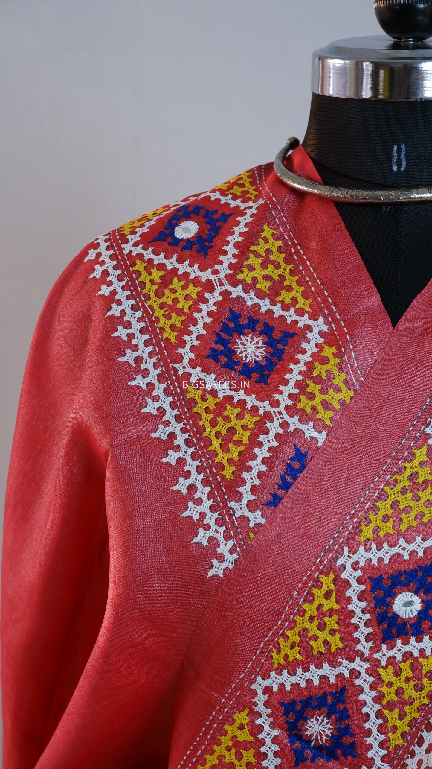 Kutchi Hand Embroidered Saree | Pure Tassar Silk | Silk Marked | Pinkish/Red