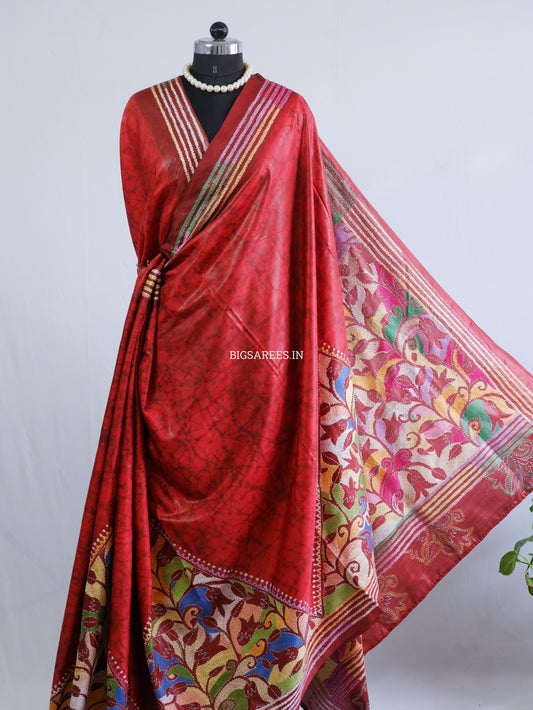 Reverse Kantha Stitch Hand Embroidered Batik Saree | Blended Bangalore Silk / Art Silk | Red