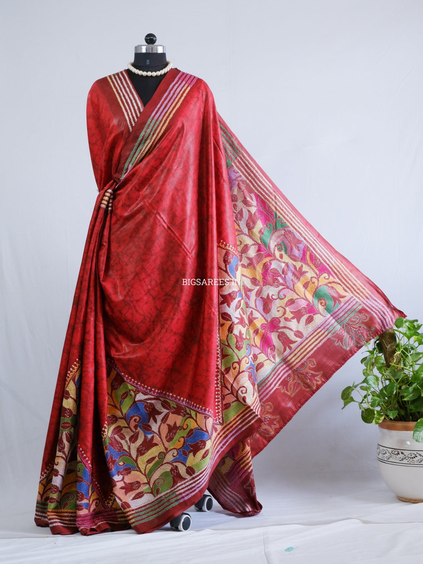Reverse Kantha Stitch Hand Embroidered Batik Saree | Blended Bangalore Silk / Art Silk | Red