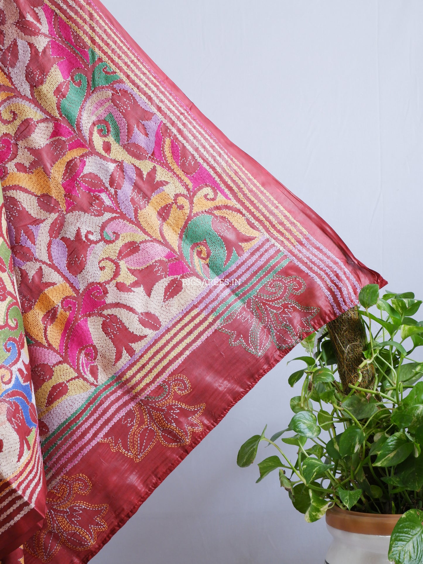 Reverse Kantha Stitch Hand Embroidered Batik Saree | Blended Bangalore Silk / Art Silk | Red