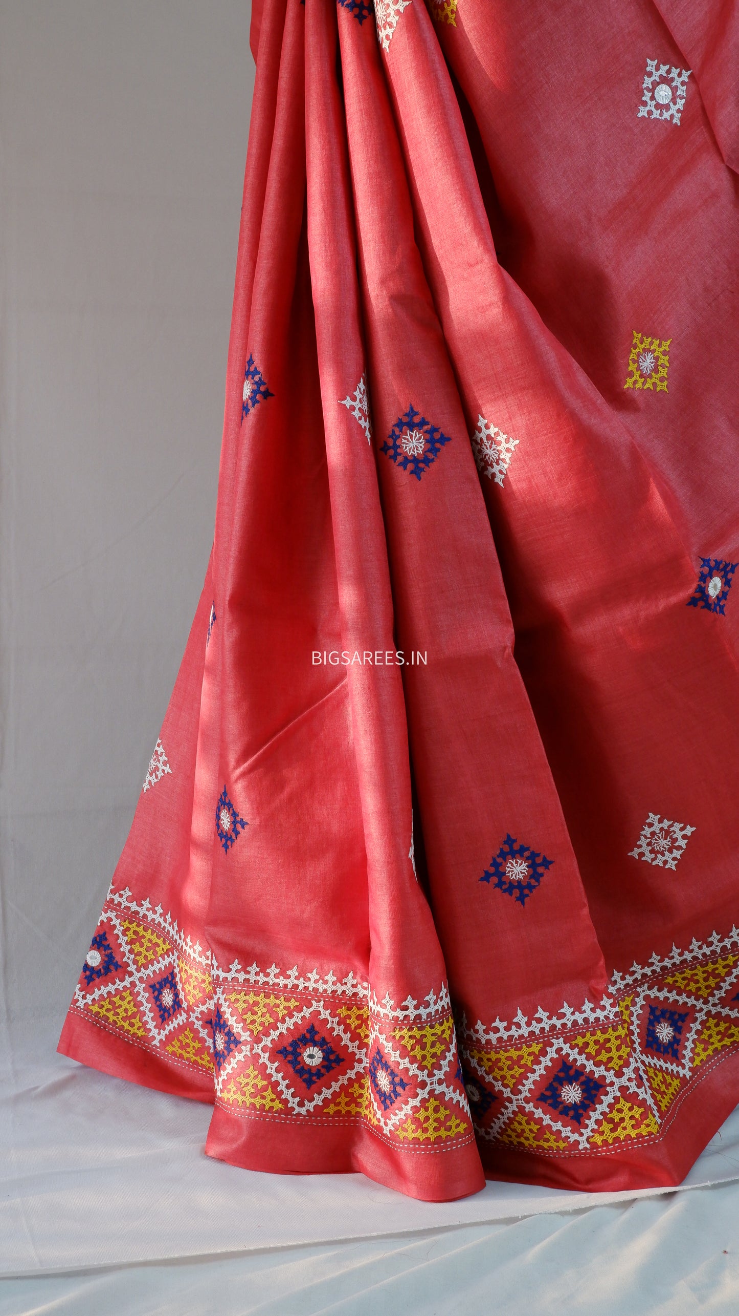 Kutchi Hand Embroidered Saree | Pure Tassar Silk | Silk Marked | Pinkish/Red