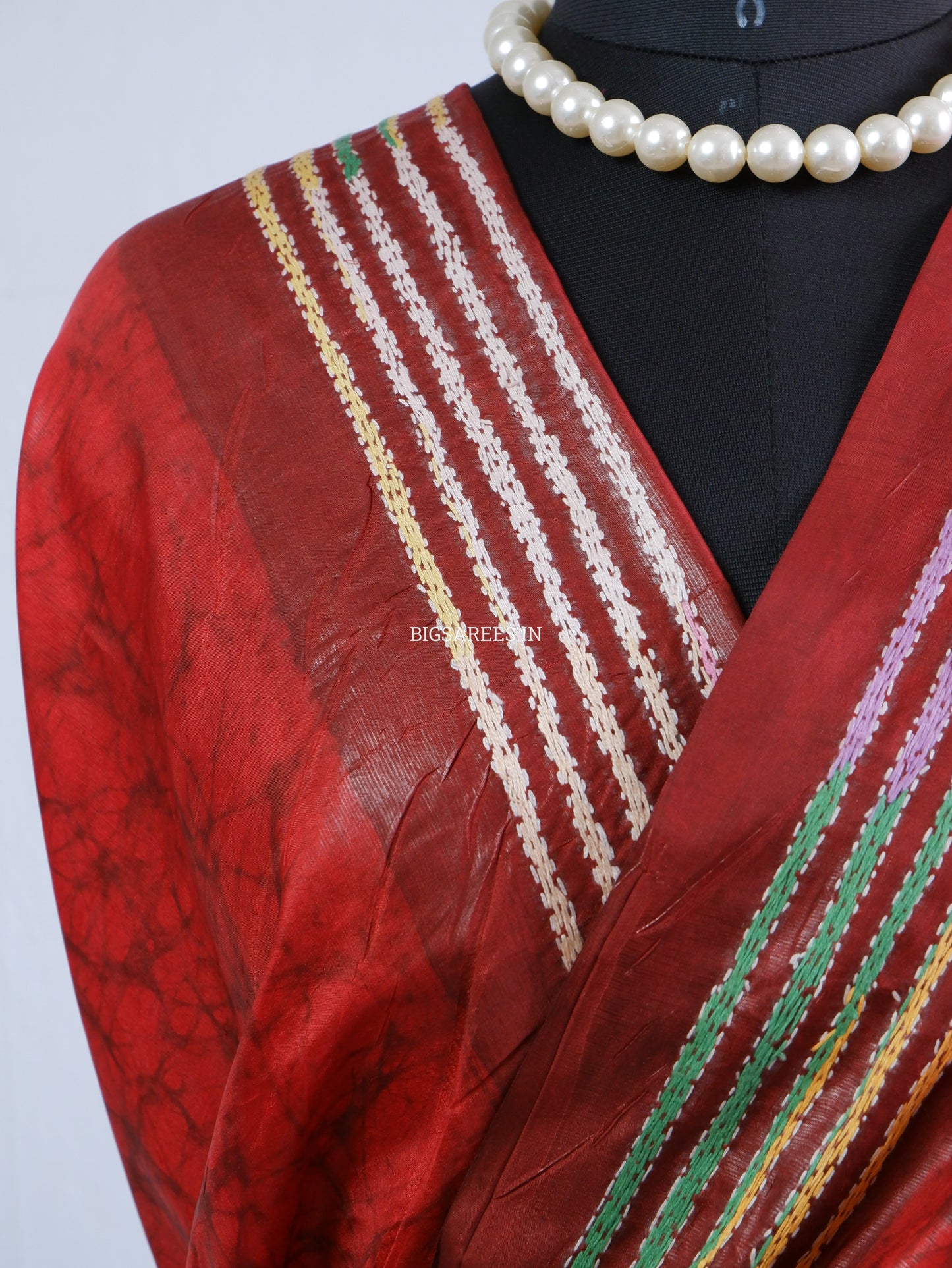 Reverse Kantha Stitch Hand Embroidered Batik Saree | Blended Bangalore Silk / Art Silk | Red