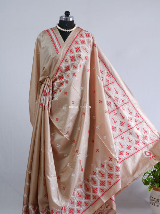 Kutch Hand Embroidered Saree| Pure Bangalore Silk | Earthy Beige