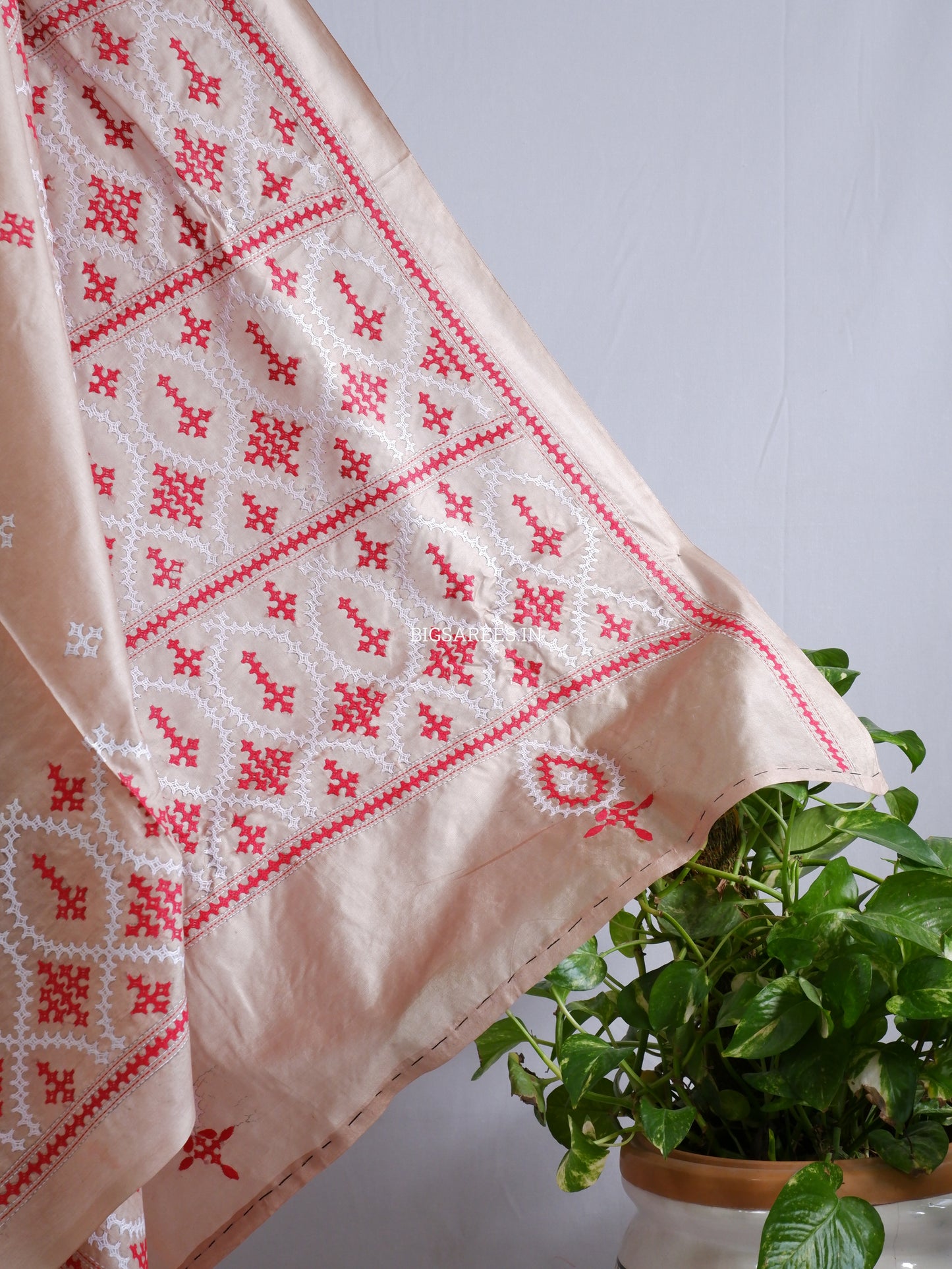 Kutch Hand Embroidered Saree| Pure Bangalore Silk | Earthy Beige