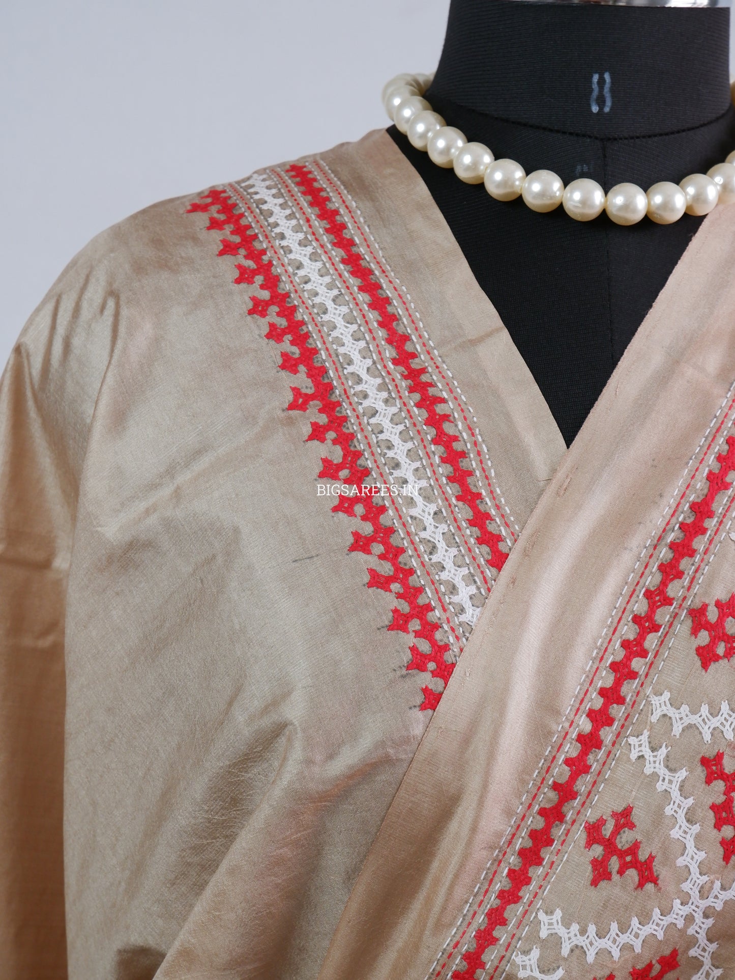 Kutch Hand Embroidered Saree| Pure Bangalore Silk | Earthy Beige