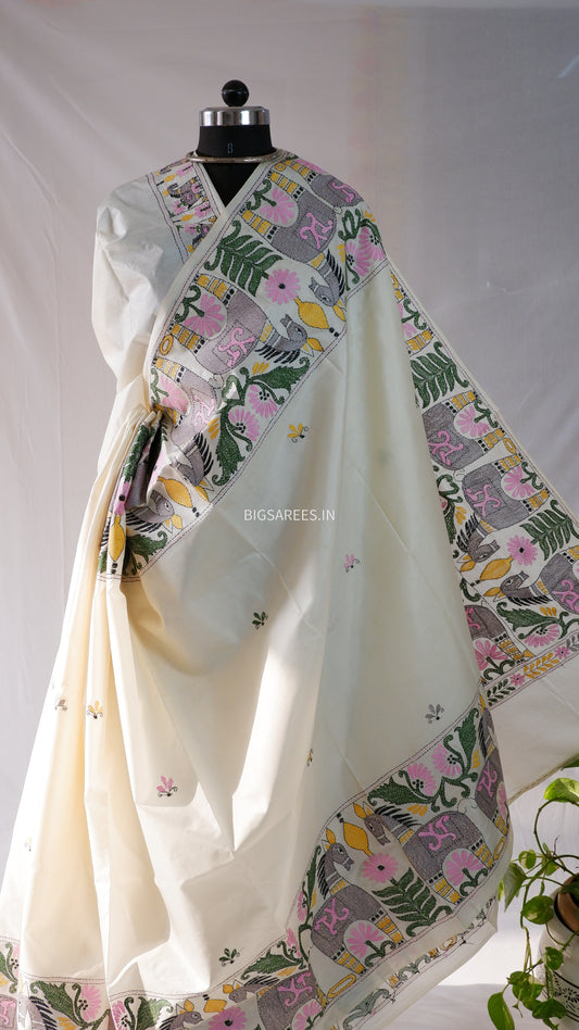 Kantha - Stitch Hand Embroidered Saree | Pure Bangalore Silk | Silk Mark Certified | Pearl White