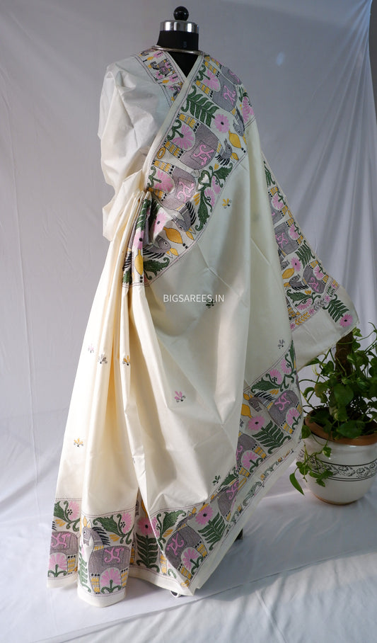 Kantha - Stitch Hand Embroidered Saree | Pure Bangalore Silk | Silk Mark Certified | Pearl White