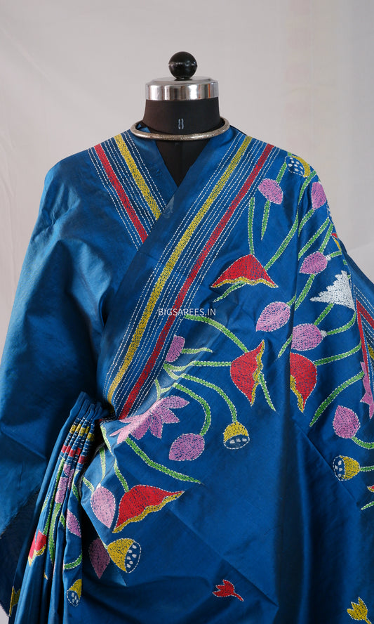 Kantha - Stitch Hand Embroidered Saree | Pure Bangalore Silk | Silk Mark Certified | Midnight Blue