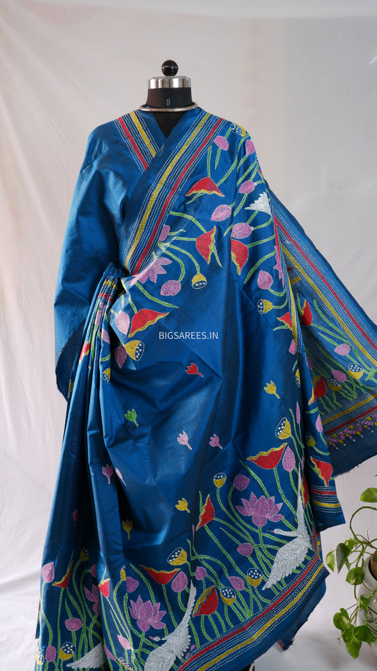 Kantha - Stitch Hand Embroidered Saree | Pure Bangalore Silk | Silk Mark Certified | Midnight Blue