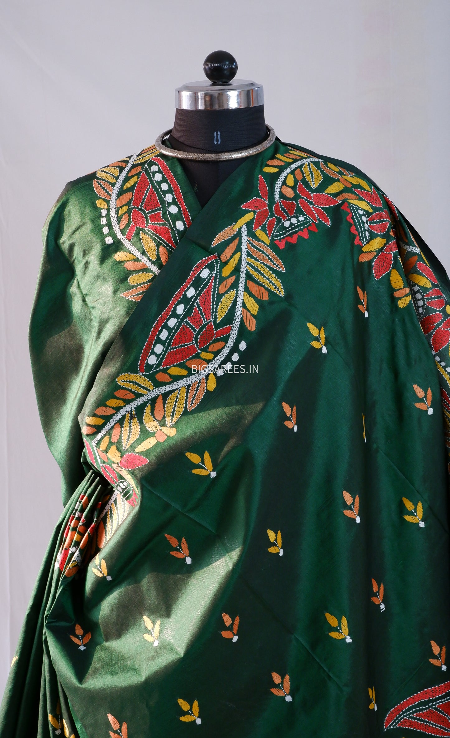 Kantha - Stitch Hand Embroidered Saree | Pure Bangalore Silk | Silk Mark Certified | Forest Green