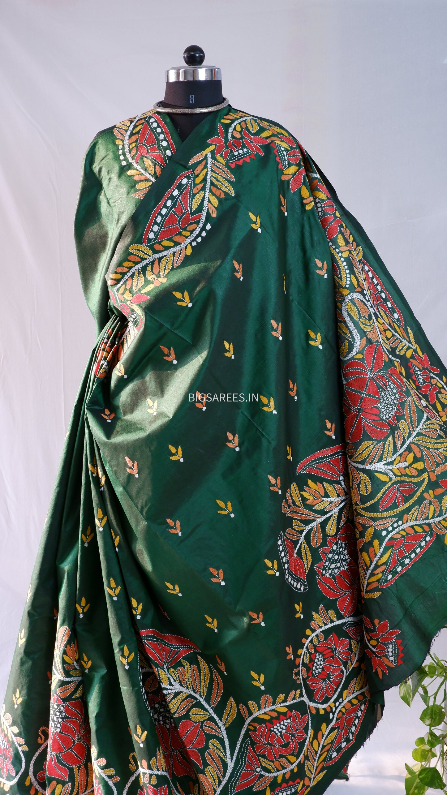 Kantha - Stitch Hand Embroidered Saree | Pure Bangalore Silk | Silk Mark Certified | Forest Green
