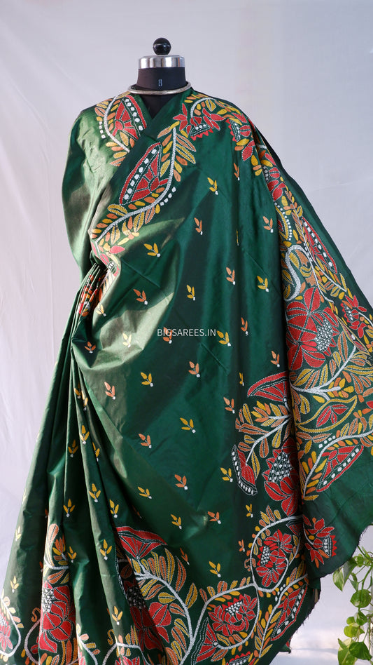 Kantha - Stitch Hand Embroidered Saree | Pure Bangalore Silk | Silk Mark Certified | Forest Green