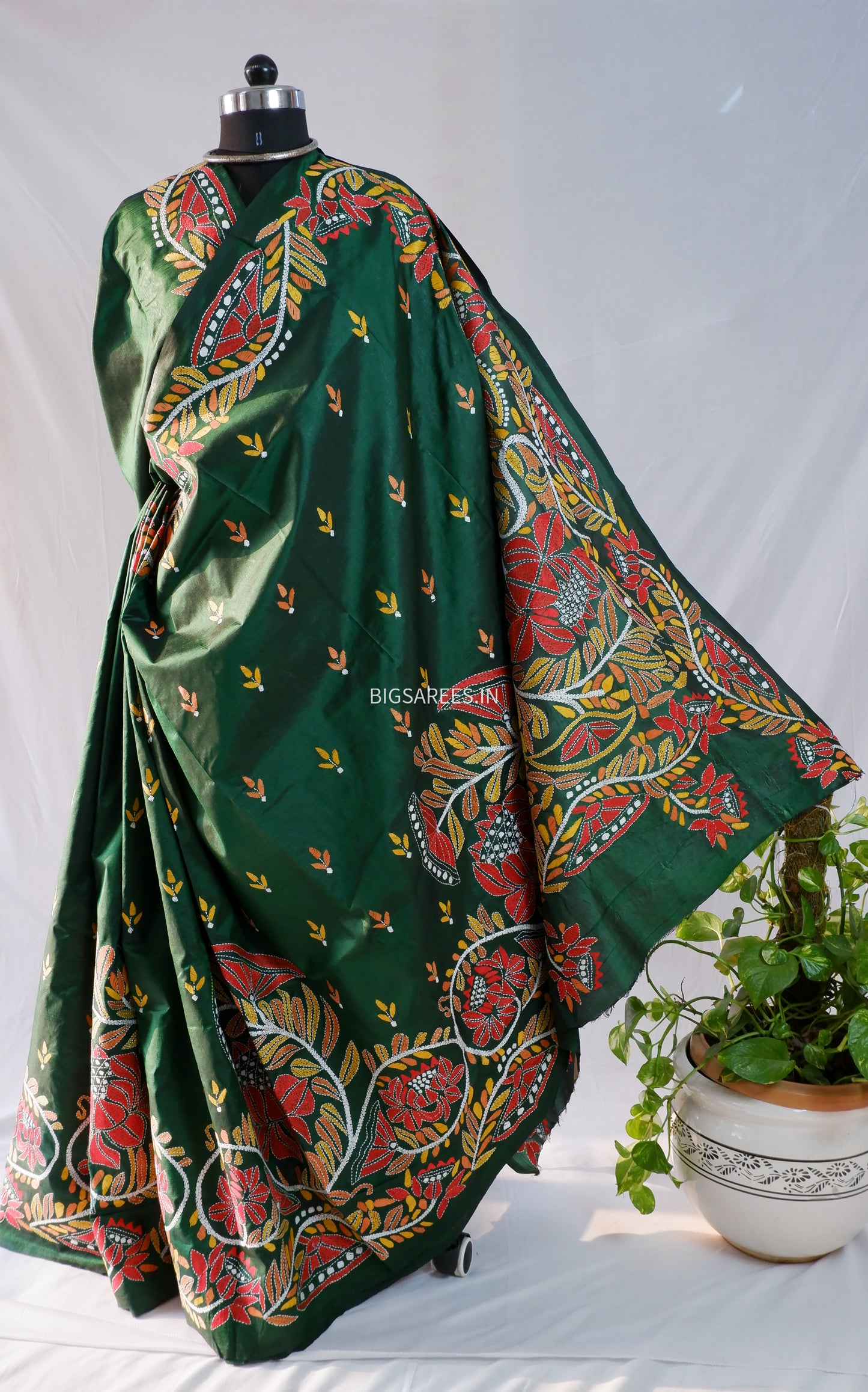 Kantha - Stitch Hand Embroidered Saree | Pure Bangalore Silk | Silk Mark Certified | Forest Green