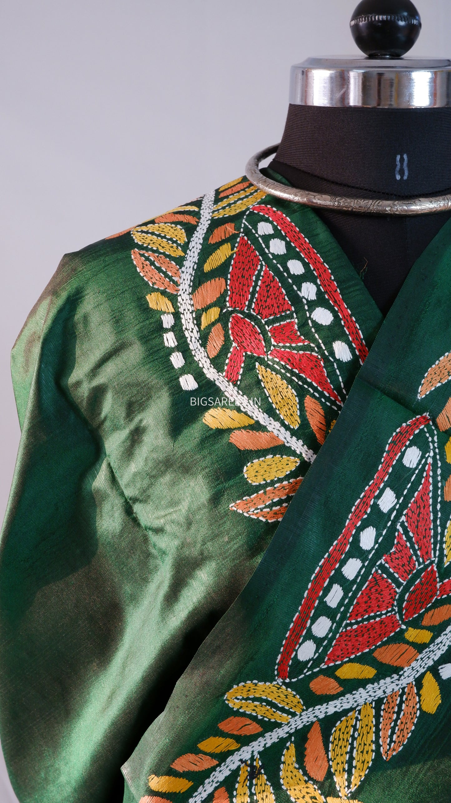 Kantha - Stitch Hand Embroidered Saree | Pure Bangalore Silk | Silk Mark Certified | Forest Green