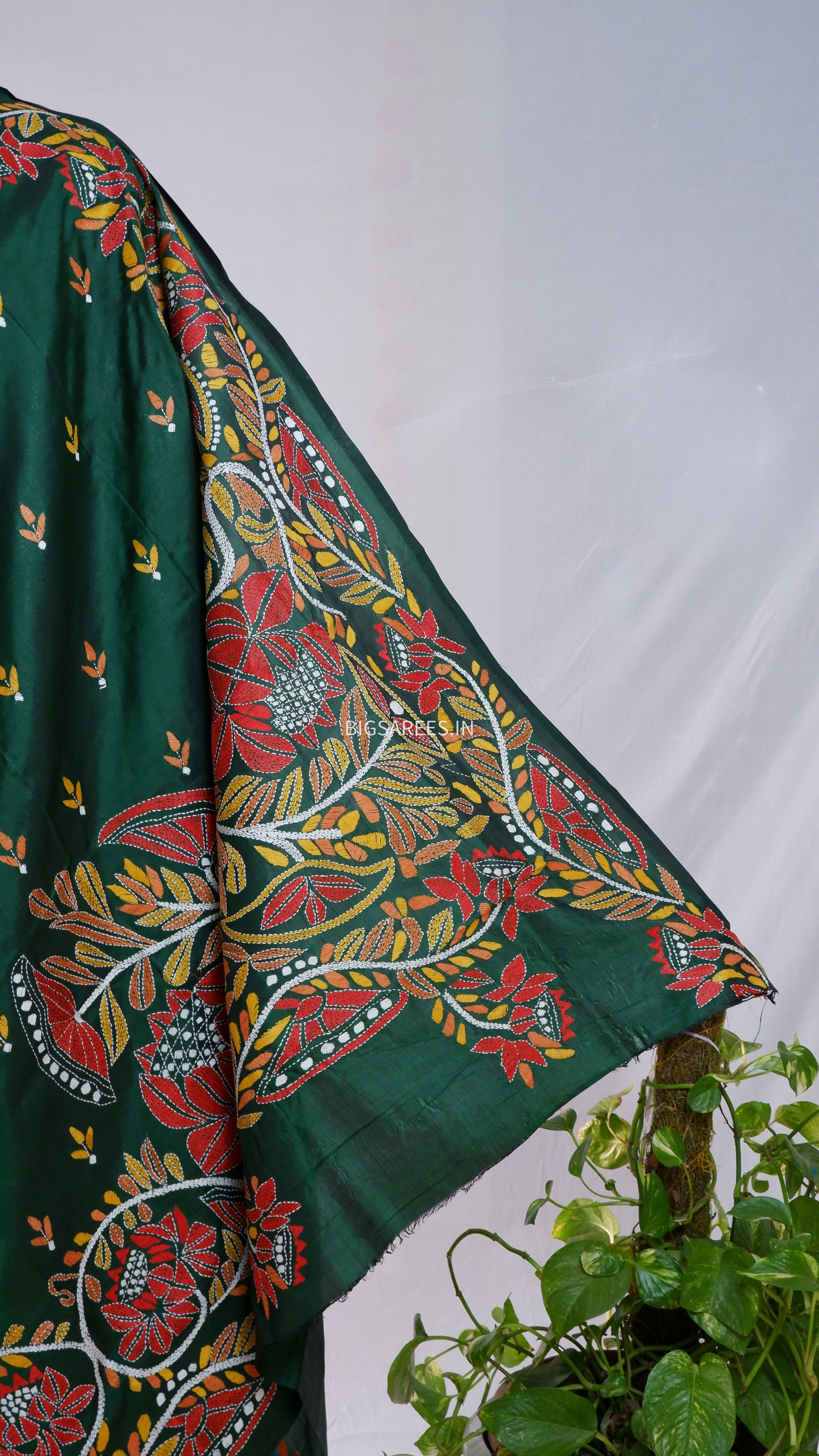 Kantha - Stitch Hand Embroidered Saree | Pure Bangalore Silk | Silk Mark Certified | Forest Green