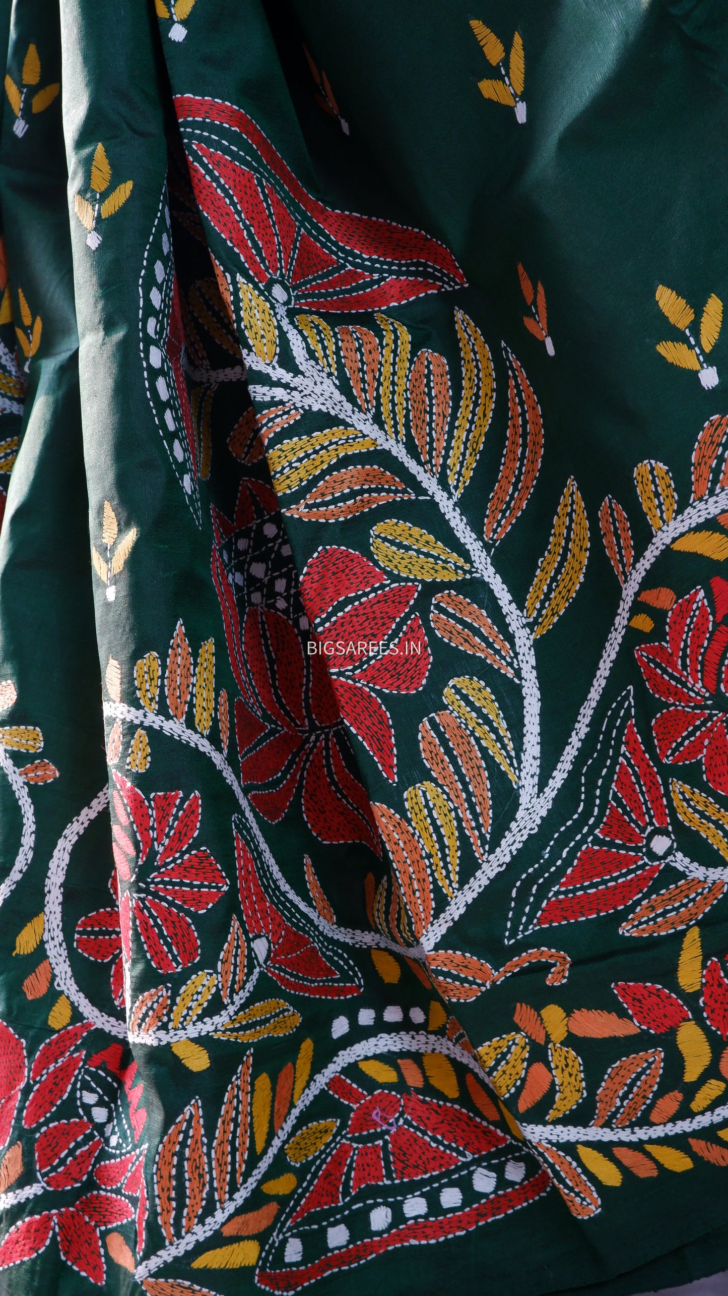 Kantha - Stitch Hand Embroidered Saree | Pure Bangalore Silk | Silk Mark Certified | Forest Green