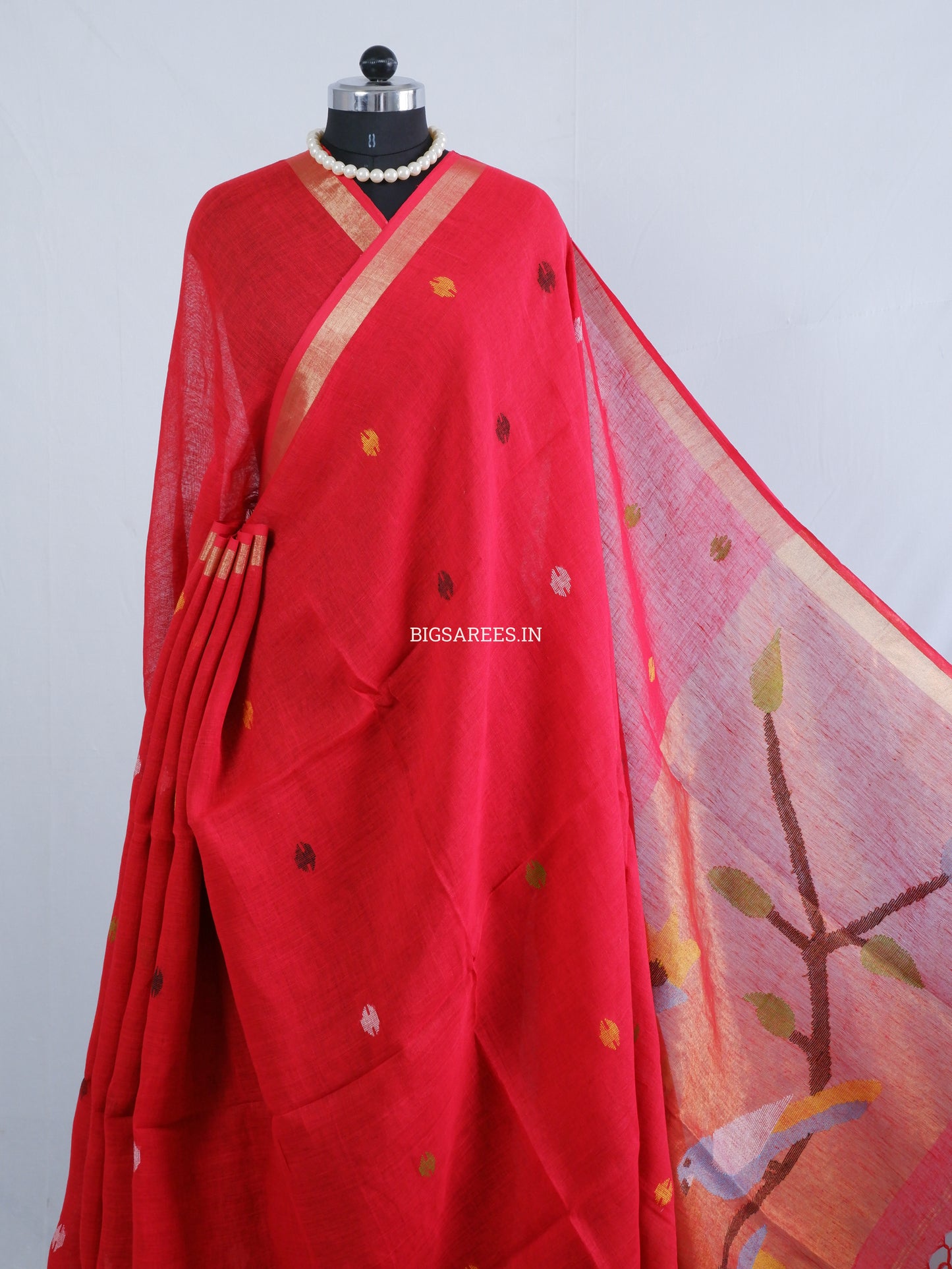 Paithani Style Linen Saree | Jamdani | Red