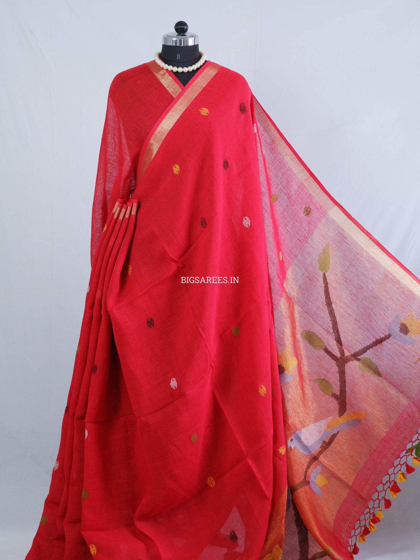 Paithani Style Linen Saree | Jamdani | Red