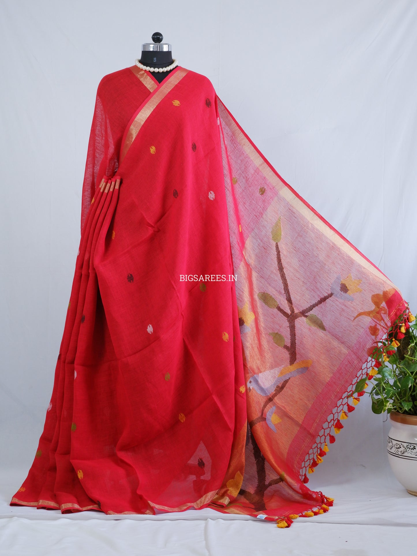 Paithani Style Linen Saree | Jamdani | Red