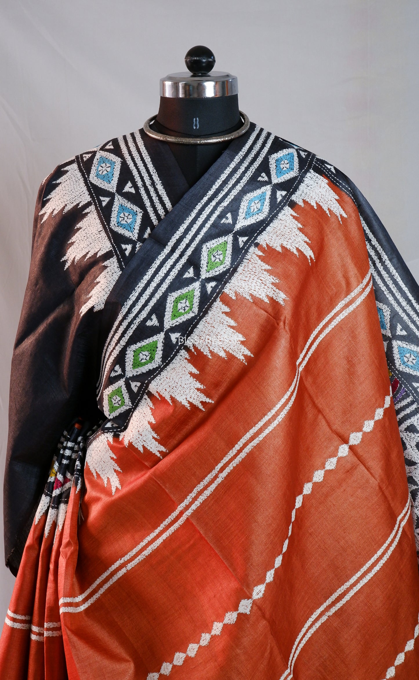 Kantha Hand Embroidered Saree | Pure Gachi by Gachi Tussar Silk | Silk Mark Certified | Orange - Black