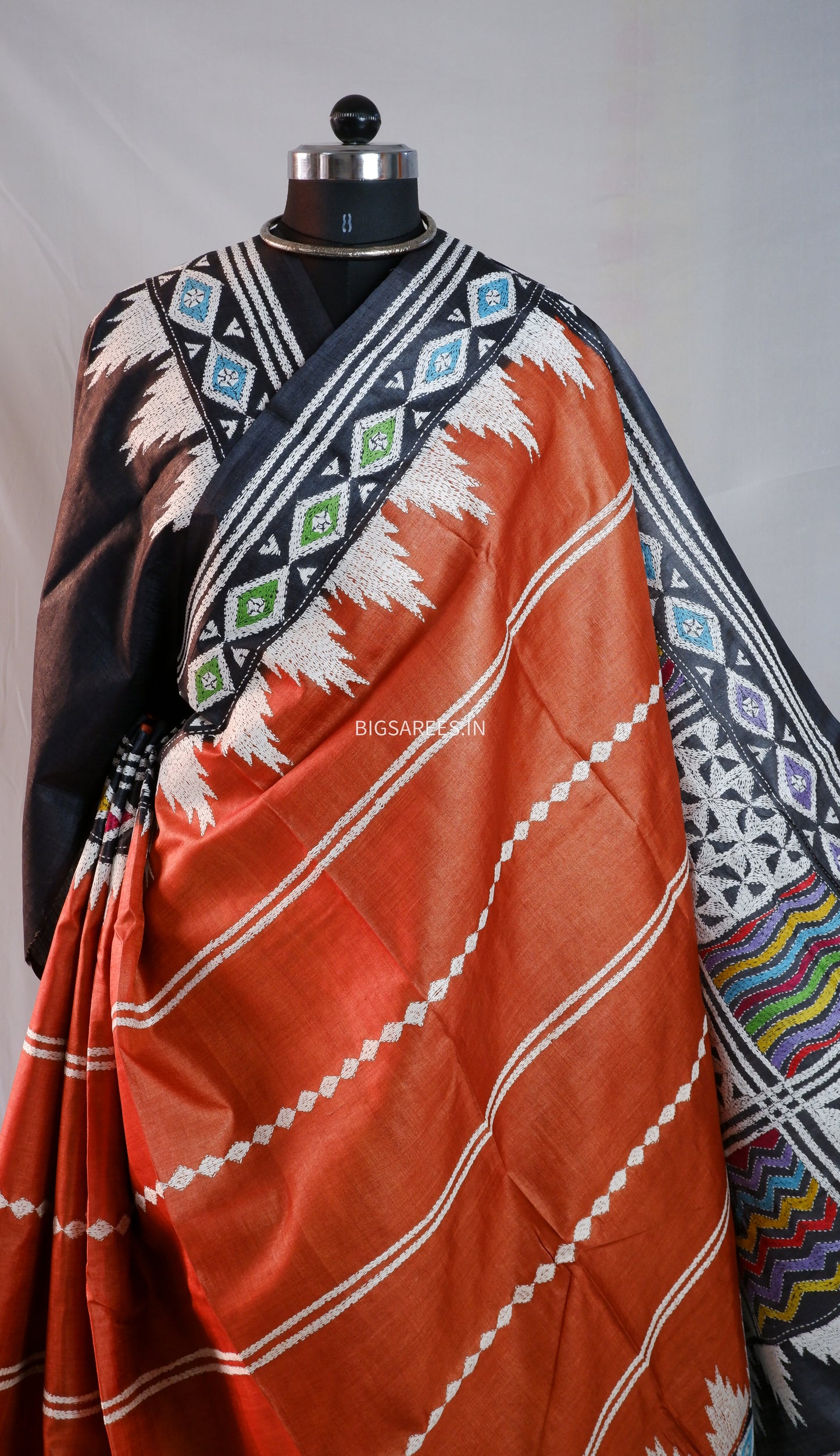 Kantha Hand Embroidered Saree | Pure Gachi by Gachi Tussar Silk | Silk Mark Certified | Orange - Black