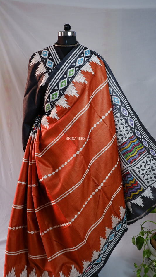 Kantha Hand Embroidered Saree | Pure Gachi by Gachi Tussar Silk | Silk Mark Certified | Orange - Black