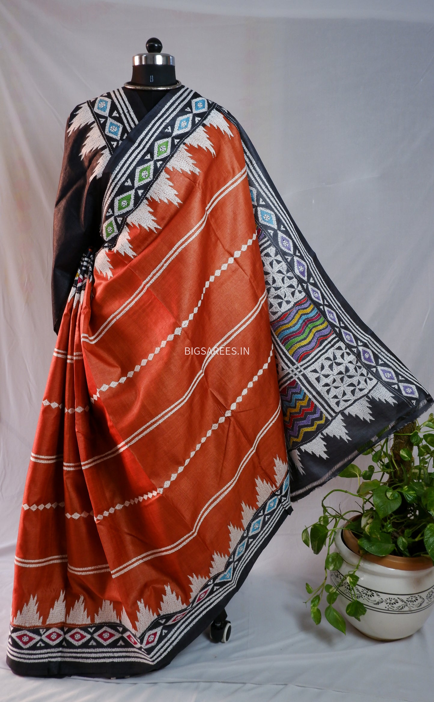 Kantha Hand Embroidered Saree | Pure Gachi by Gachi Tussar Silk | Silk Mark Certified | Orange - Black