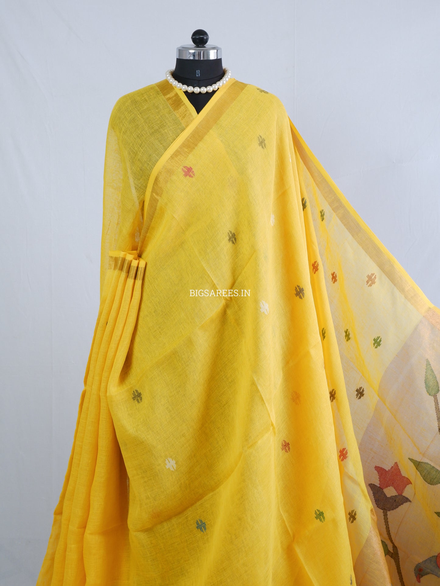 Paithani Style Linen Saree | Jamdani | Yellow