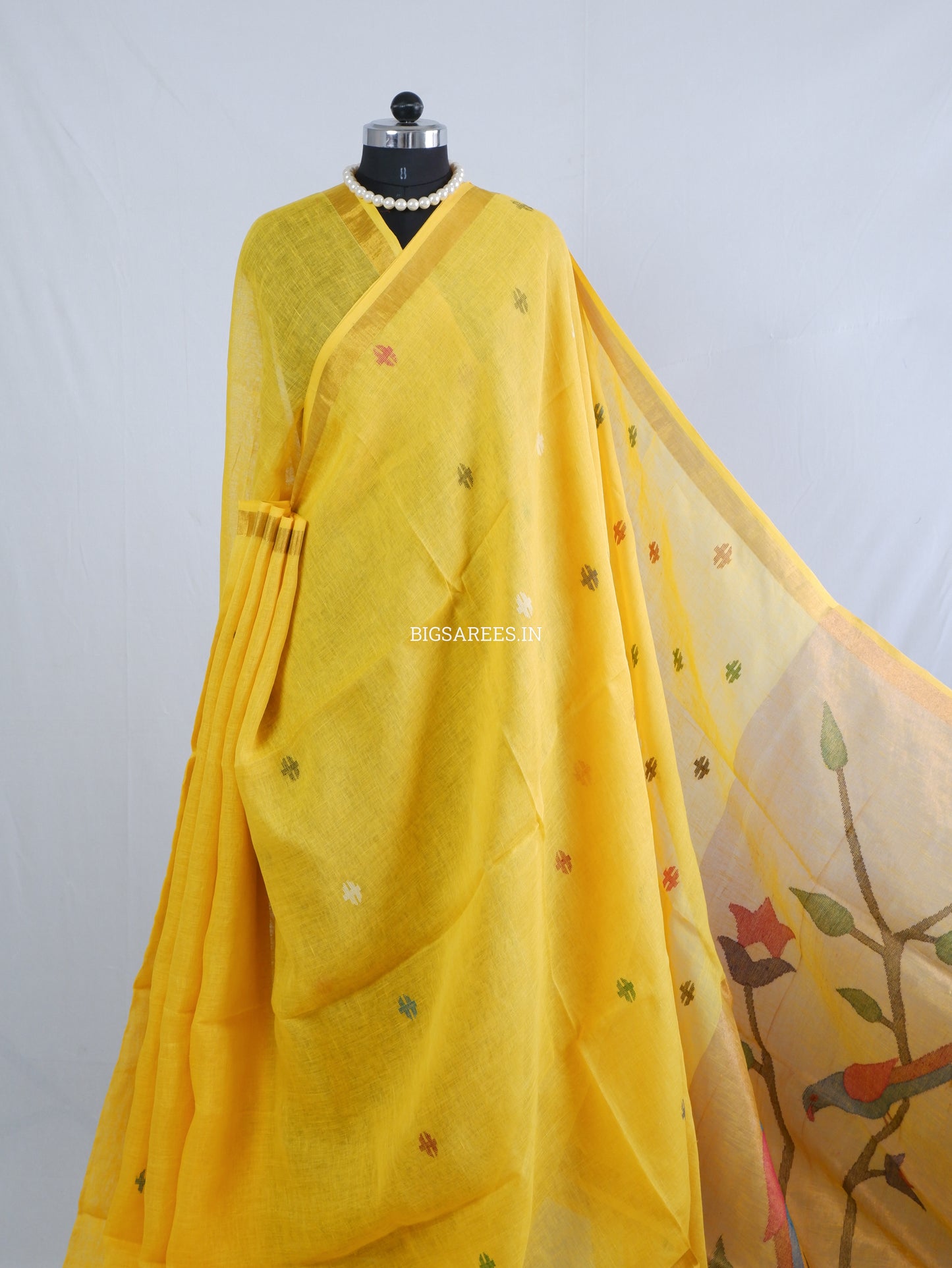 Paithani Style Linen Saree | Jamdani | Yellow